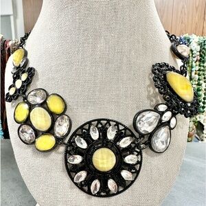 Signed NY Black Metal With Yellow And Clear Acrylic Statement Necklace